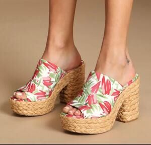Lulus Ervyn Paradise Tropical Print Raffia Espadrille Platform Heels Size 5